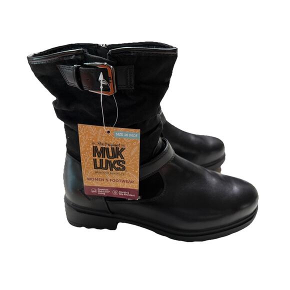 Muk Luks Shoes - NWOB Muk Luks Women’s 10W Mid Boots Scarlett Sabrina Black Faux Leather Buckle